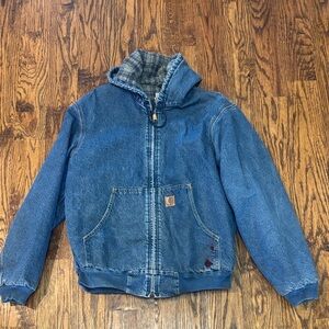 Vintage Carhartt Mens hooded Blue Jean Jacket with Plaid Lining.  XL